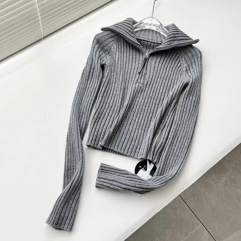Turtleneck Wool Knitted Top Short Slim Fit - Gray