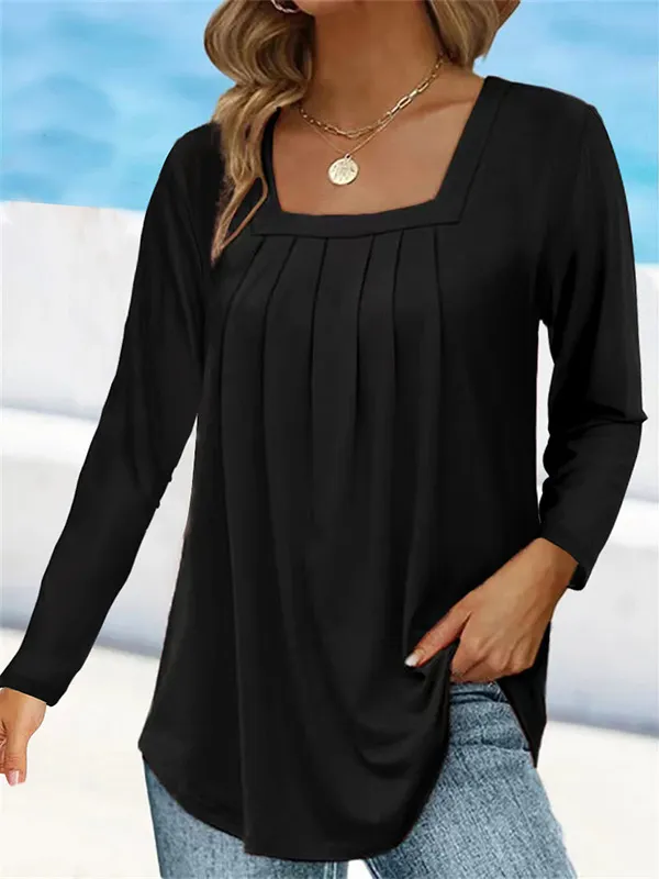 Women's Pleated Square Collar Long Sleeve Imitation Cotton Large Size T shirt Black - Shop at LoveMi