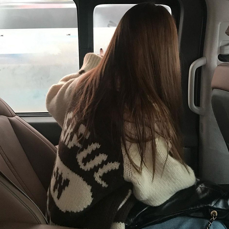 Lapel Embroidery Letter Design Loose All-match Long-sleeved Knitted Sweater