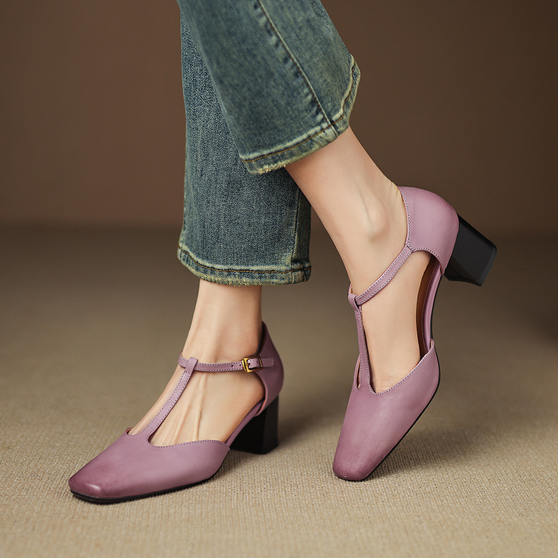 Summer New Square-toe Chunky-heel Fashion Sandals, Hollow-out T-strap Shoes
