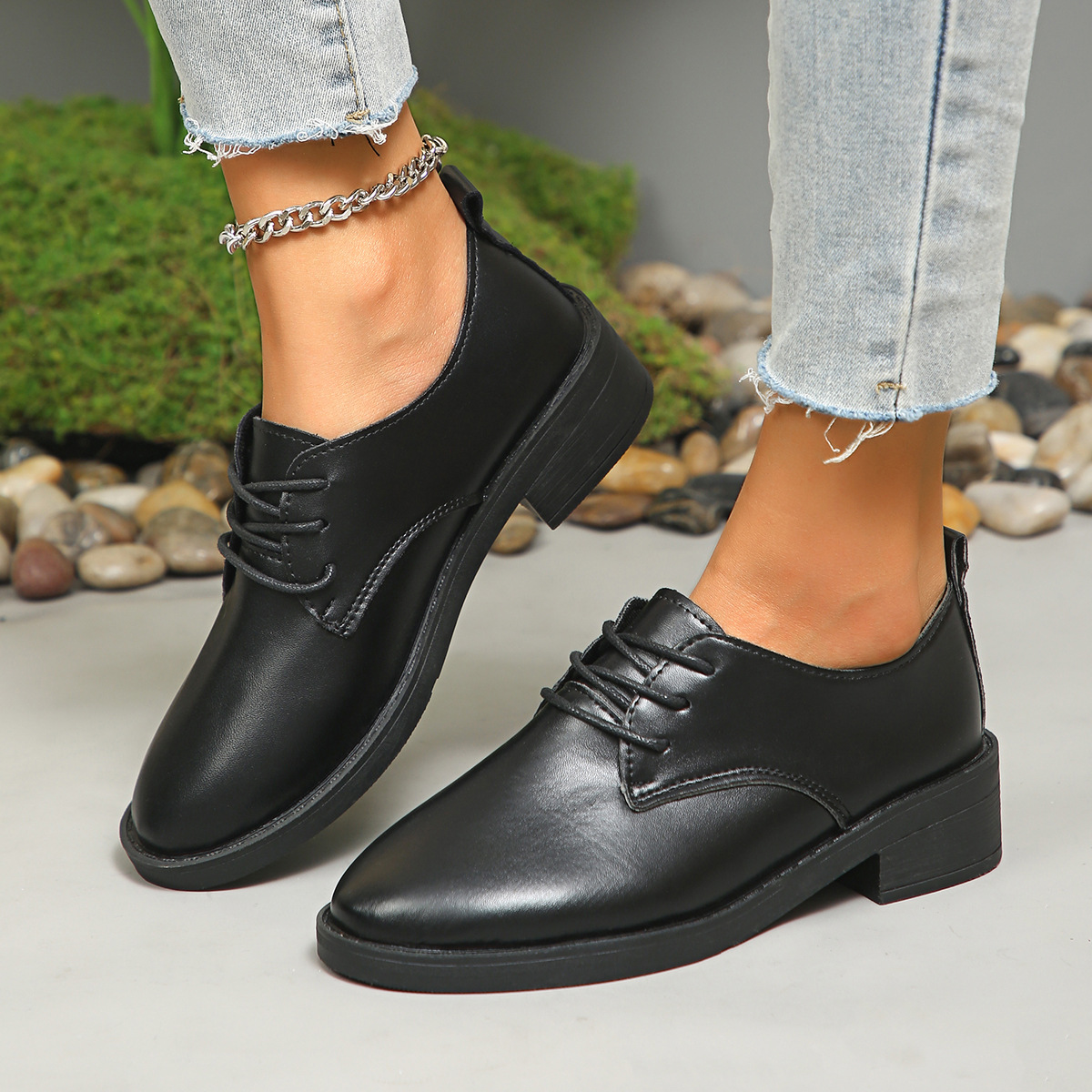 Chunky-heel Low-heeled Work Leather Shoes