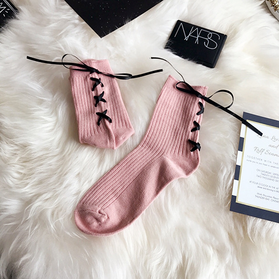 Pink Socks Black Ribbon