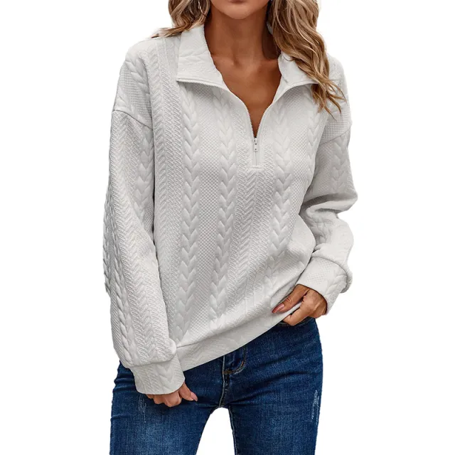 Half Cardigan Zipper And Lapel Pullover Sweater European And American Leisure Simple White - Shop at LoveMi