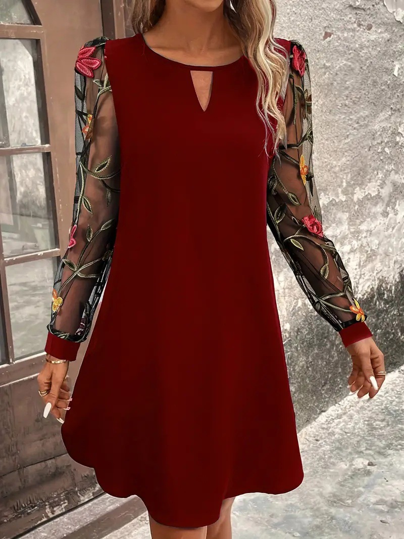 Women's Round Neck Lace Long Sleeve Dress Wine - Shop at LoveMi