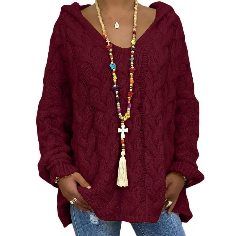 Solid Colour Twist Knitted Hoodie Sweater For Women - Wine Red