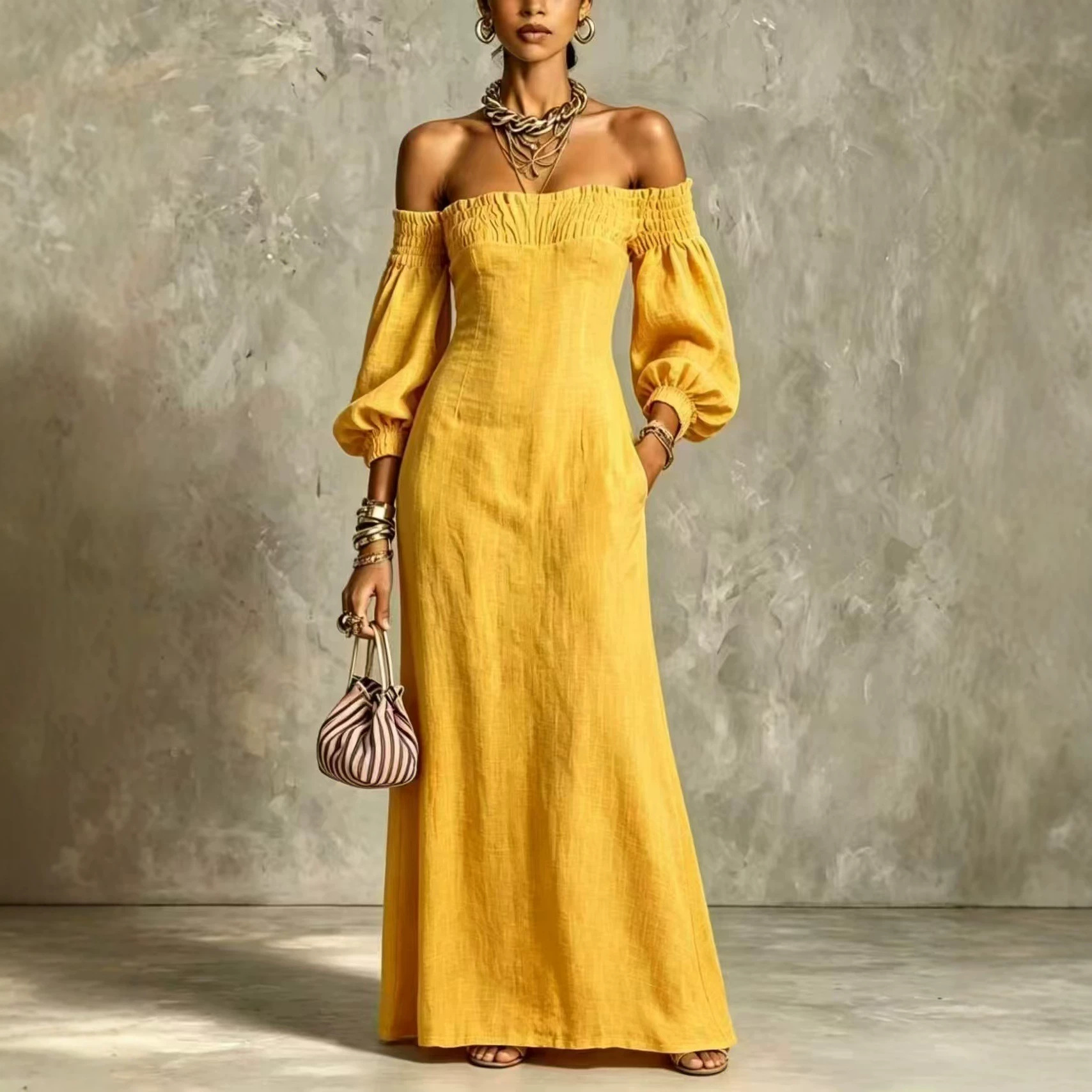Bell-sleeved Waist-cinched Elegant Long Vacation Dress product image