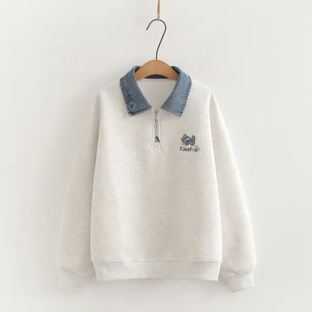 Denim Collar Stitching Polo Collar False Two piece Sweaters Greige M - Shop at LoveMi