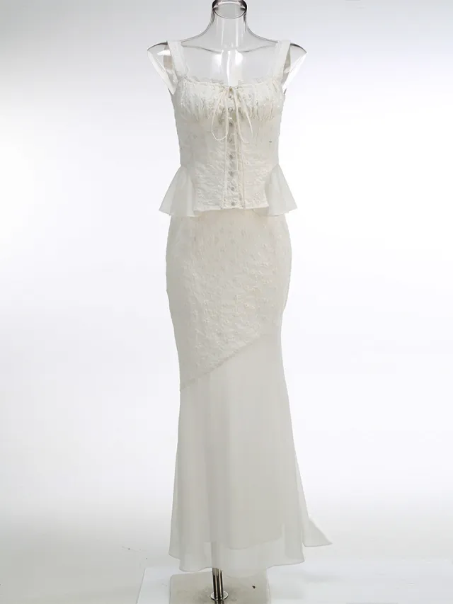 Sexy Lace Sling Small Top Sheath Slim Fishtail Two piece Overskirt Suit White - Shop at LoveMi