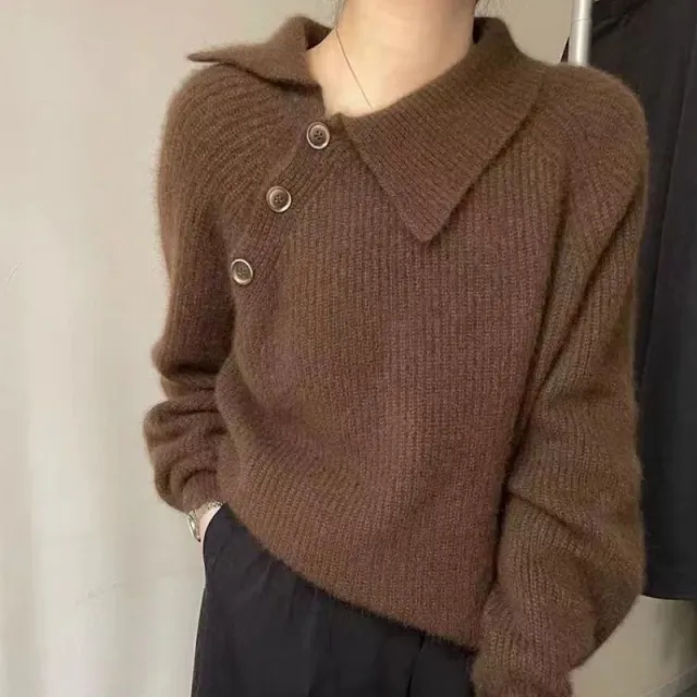 New Irregular Buckle Design Knitted Pullover Top Brown - Shop at LoveMi