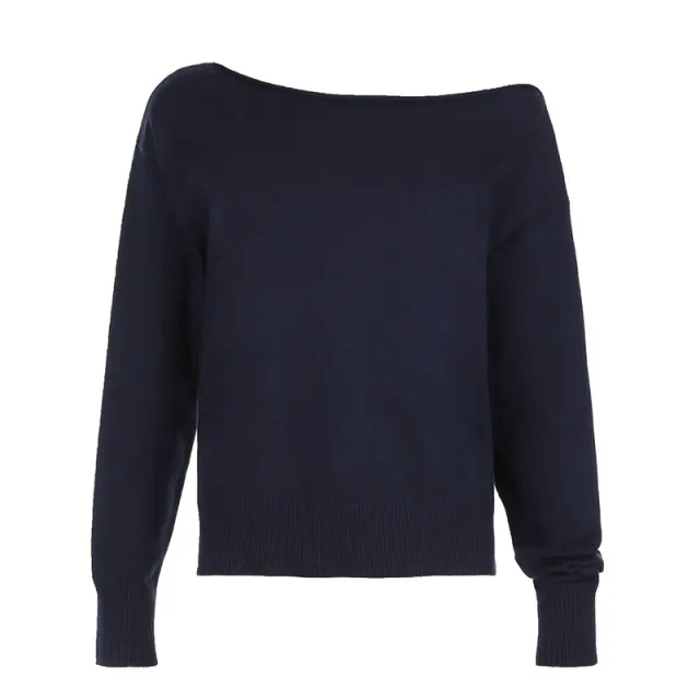 Simple European And American Style Solid Color Diagonal Shoulder Sweater Blue - Shop at LoveMi