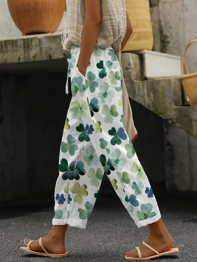 Women's Simple Tassel Striped Striped Pocket Floral Print Casual Trousers Style3 - Shop at LoveMi