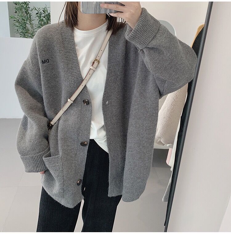 Women's Fashion Casual Solid Color Embroidery V neck Sweater Coat Gray - Shop at LoveMi