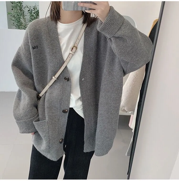 Women's Fashion Casual Solid Color Embroidery V-neck Sweater Coat - Gray