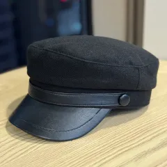 Retro PU Leather Autumn And Winter Wool Hat - Black - View 1
