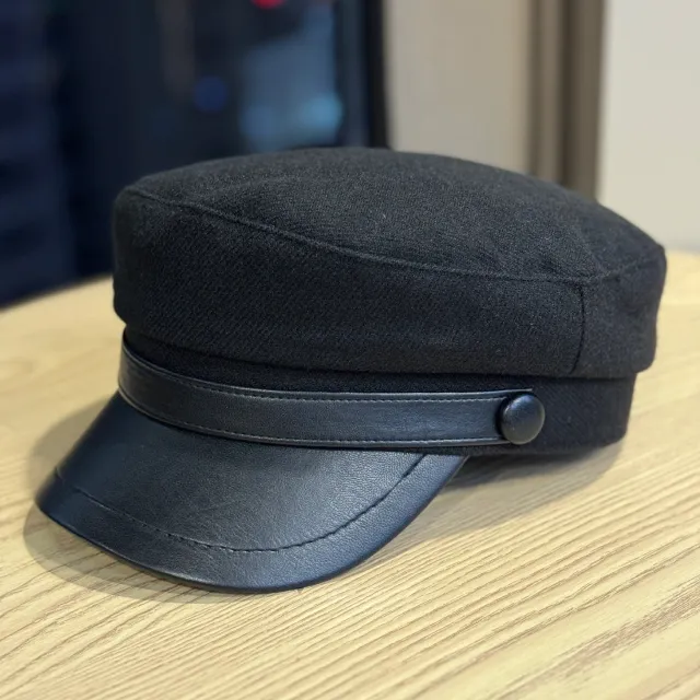 Retro PU Leather Autumn And Winter Wool Hat Black - Shop at LoveMi