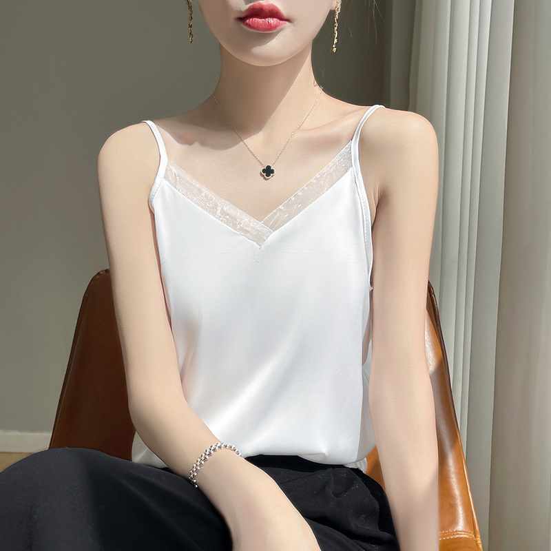 V-neck Mesh-panelled Sleeveless Chic Slip-style Camisole