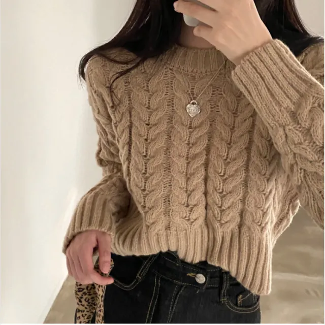 Retro Hemp Pattern O neck Short Base Pullover Long sleeved Sweater Khaki - Shop at LoveMi