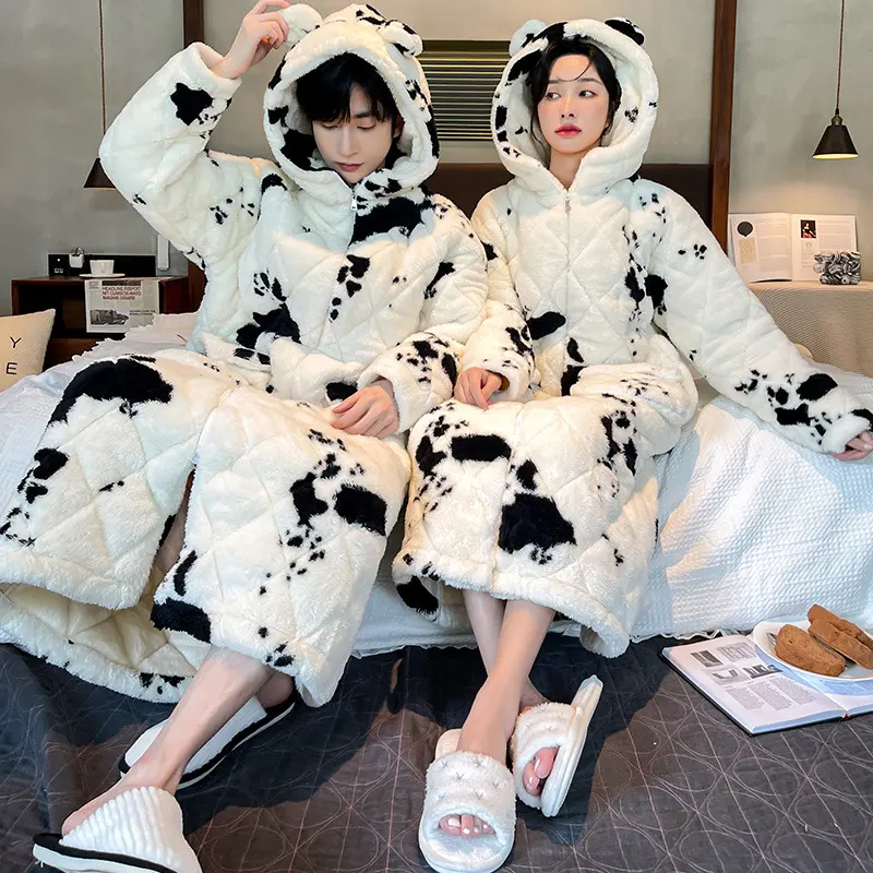 Winter Men's Quilted Cow Pajamas Thick Coral Fleece Bathrobe
