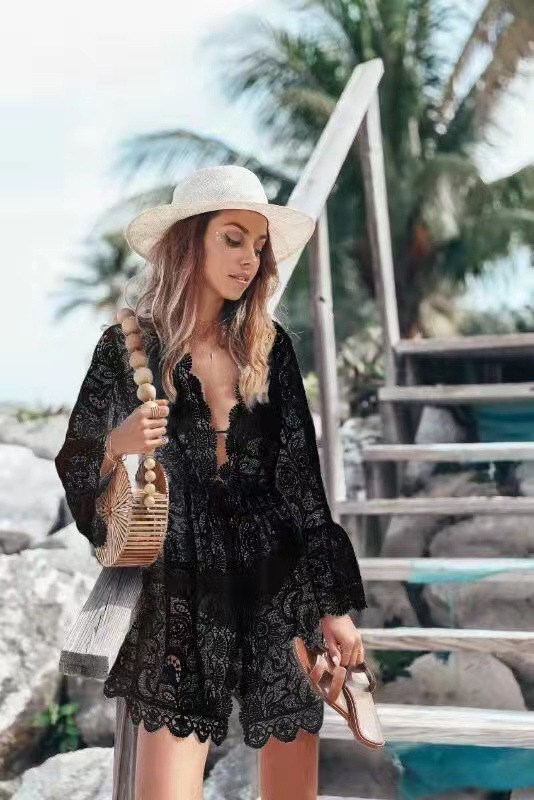 Sun-Protecting Lace V-Neck Bikini Cover-Up Shirt with Waistline Sun-Protecting Lace V-Neck Bikini Cover-Up Shirt with Waistline