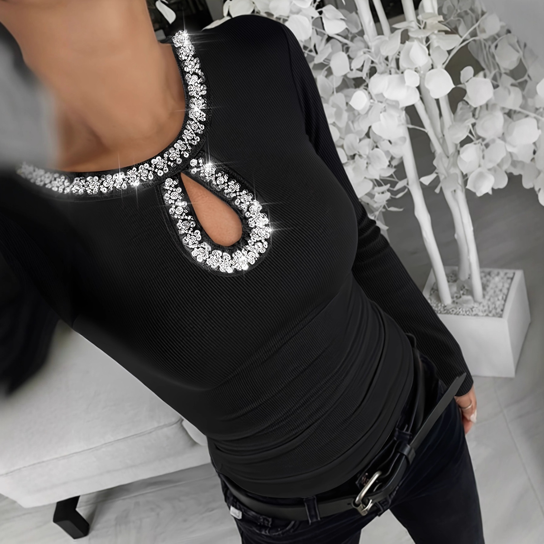 3D Rhinestone Embellished Crewneck Ribbed Long-sleeve Top