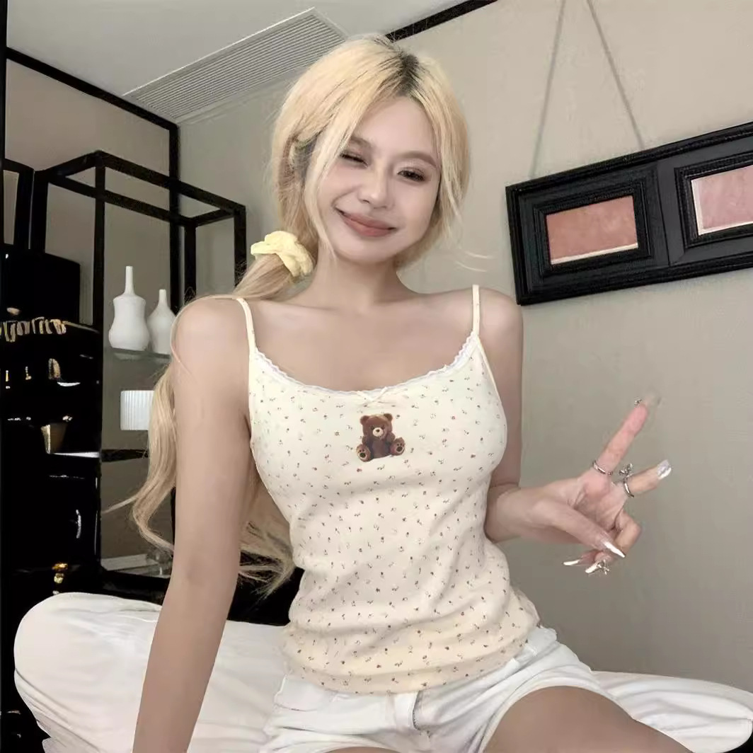 Cute Bear Printed Camisole Women’s Lace Cardigan