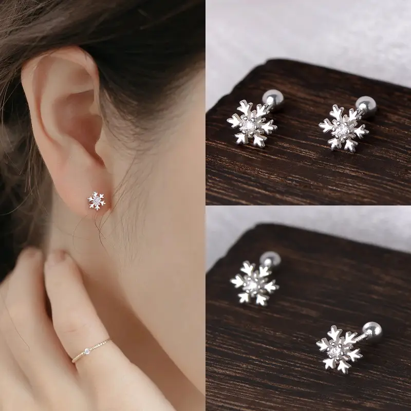 S999 Silver Earrings Ear Bone Pin Simple Snowflake Ear Bone Stud Diamond