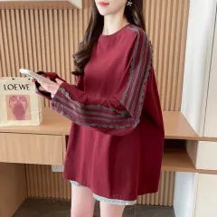 Solid Color Stitching Lace Lacework Round-neck T-shirt Women's Brushed Top - Wine - View 1