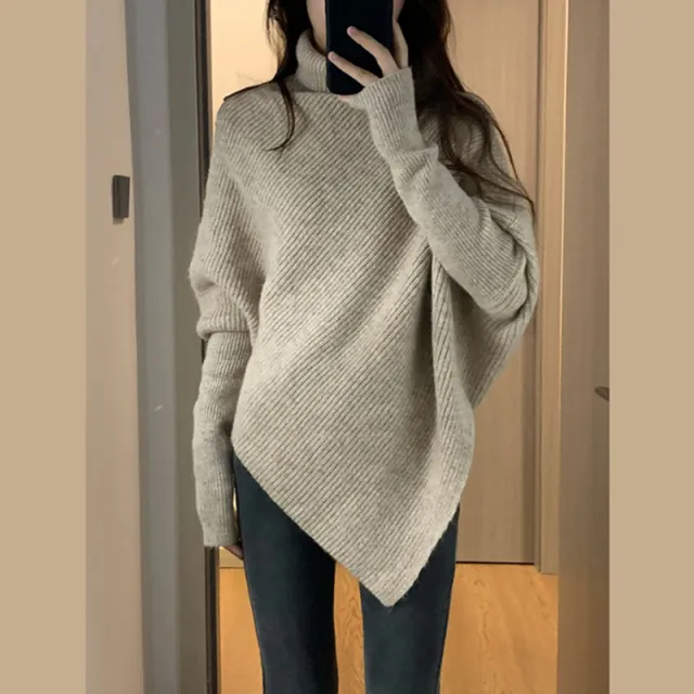 Irregular Design Turtleneck Sweater Women's Pullover Khaki - Shop at LoveMi