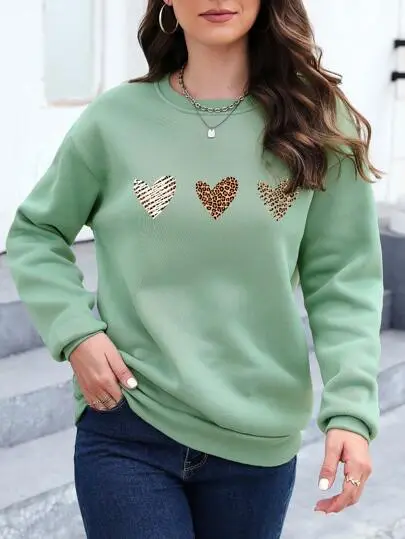 Essnce Leopard Heart Print Drop Shoulder Sweatshirt Mint - Shop at LoveMi