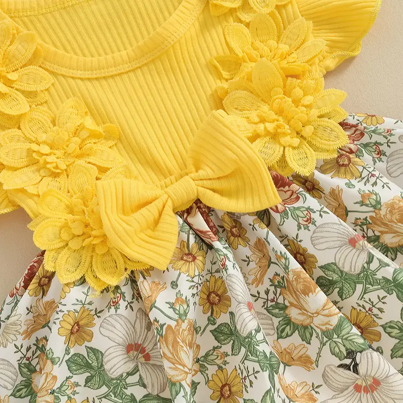 Summer Girls' Flower Flounced Sleeve Bowknot Jumpsuit