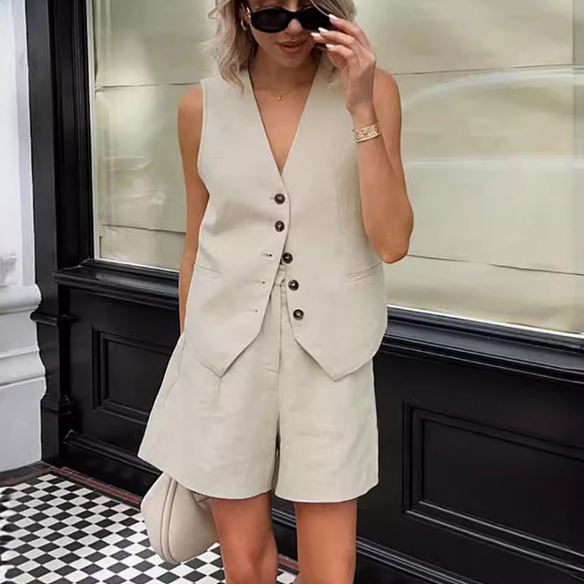 V neck Vest High Waist Wide Leg Pants Suit Fashion Khaki - Shop at LoveMi