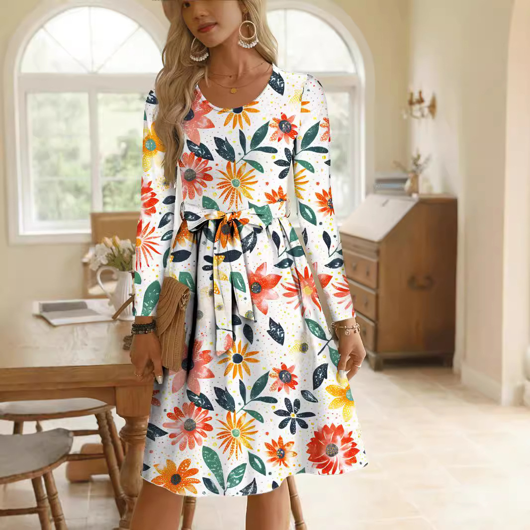 Round Neck Long Sleeve Midi Waist Trimming Printing Dress Color - Shop at LoveMi