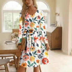 Round Neck Long Sleeve Midi Waist Trimming Printing Dress - Colour - View 1