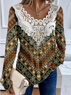 Round neck lace long sleeved elegant casual T-shirt - Yellow - View 1