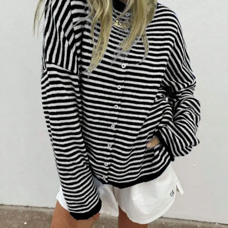 Womens Striped Long-sleeve Pullover Sweater Top