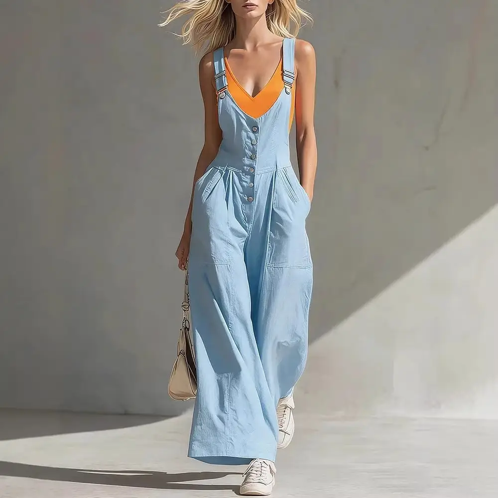 Fashionable Pocketed Zippered V-Neck Buttoned Backless Strap Cinched Waist Jumpsuit