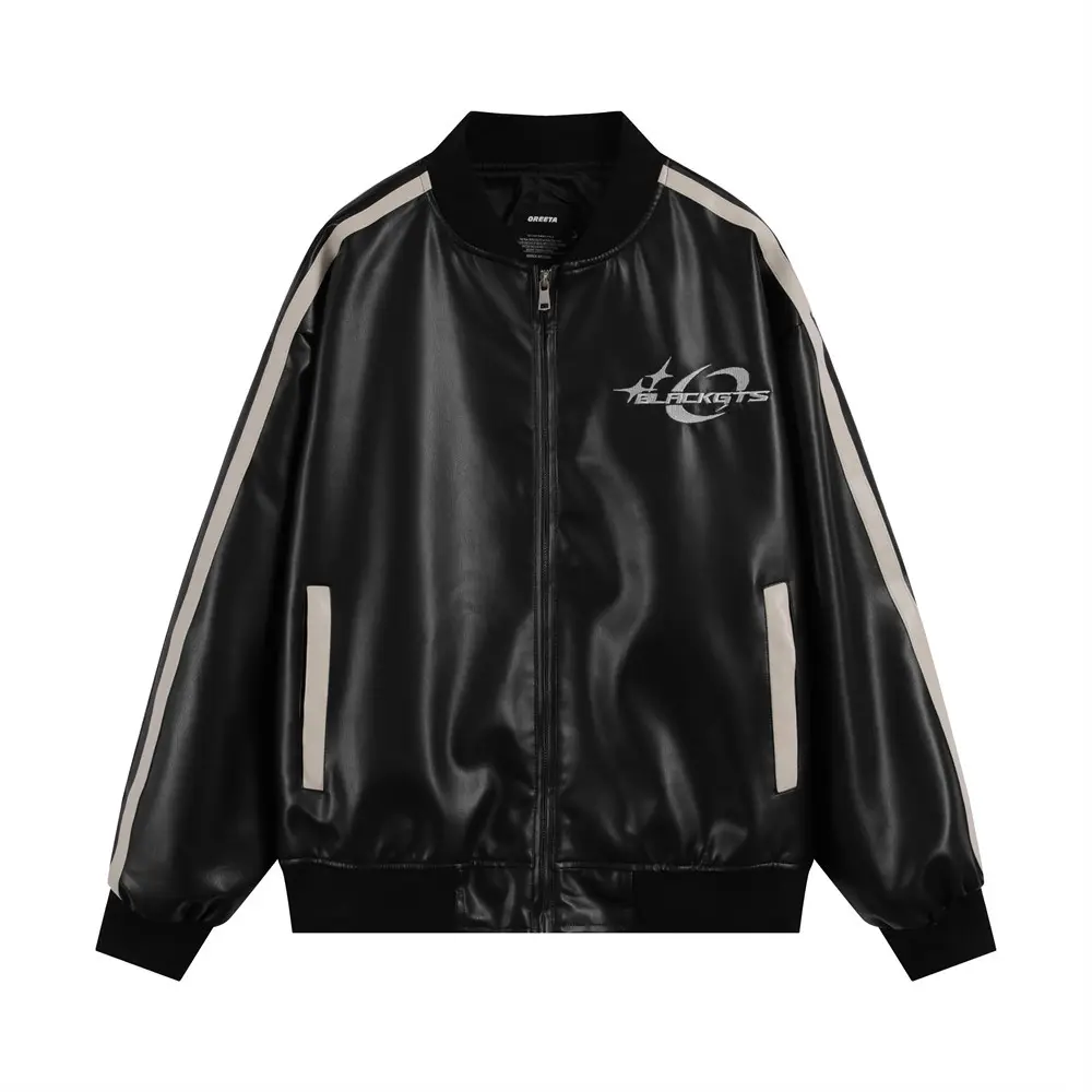 Embroidery Color Stitching Stand-collar PU Leather Coat