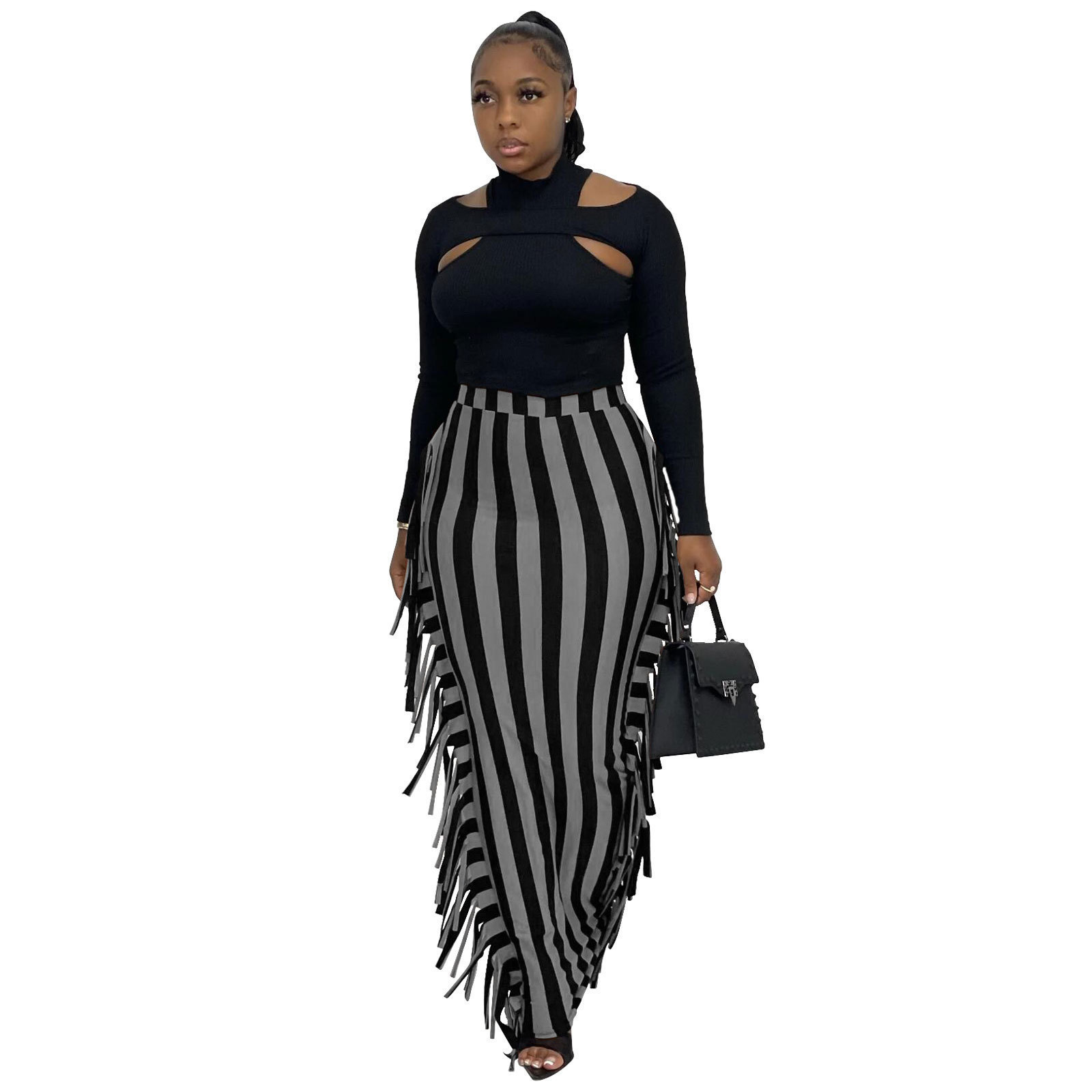 Cross Border Independent Women's Brushed Fabric Cute Tassel Skirt On Both Sides Black And Gray Striped No 1 - Shop at LoveMi
