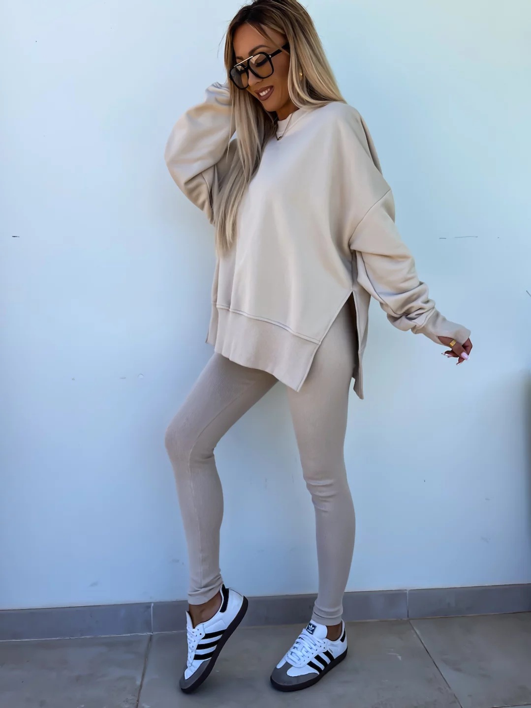 Casual Loose Sweater Suit with Tight Trousers. Product information: Color: apricot, red, khaki, pink, blue, purple, orange, green, black Sleeve type: regular sleeve Pants length: trousers Main fabric composition: Polyester (polyester fiber) Size: S,M,L,XL