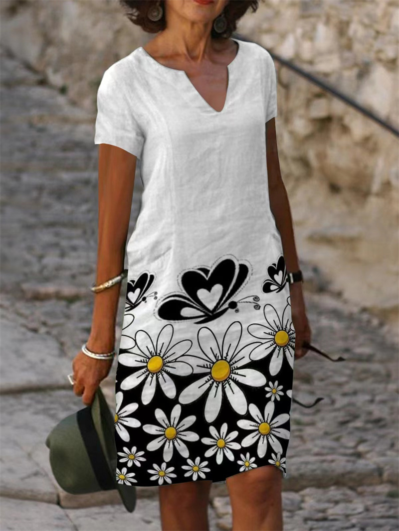 Floral Printed Cotton And Linen Short Sleeve V-neck Midi Dress