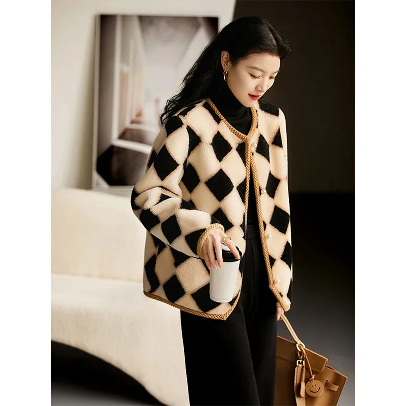 Chessboard Plaid Full Wool Sheepskin Fur Women's Winter - Rhombus