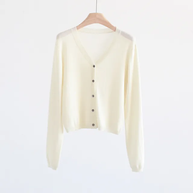 Spring And Summer V neck Short Tencel Knitted Cardigan Pure Color All matching Beige - Shop at LoveMi