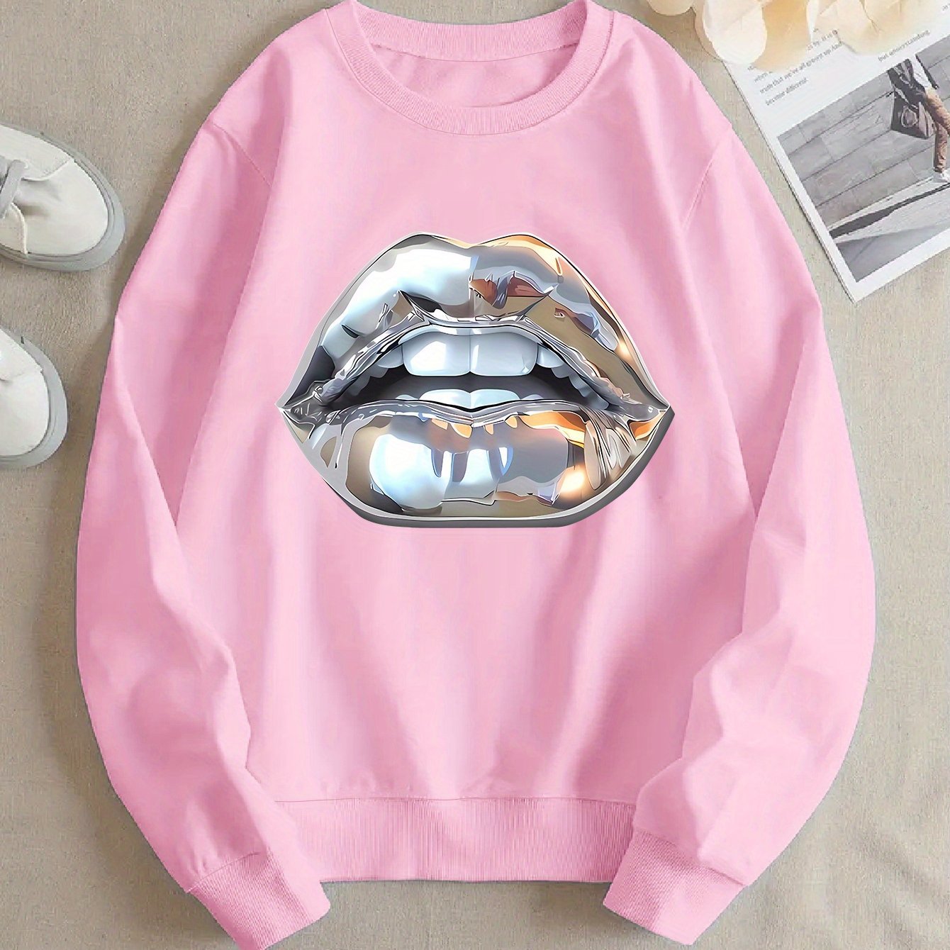 Womens Cartoon Silver Lip-Printed Sweatshirt
