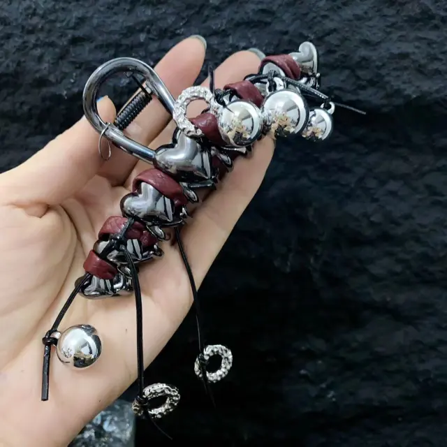 Metal Leather Love Girl Buckle Tassel Round Beads Hair Claw Wine Red - Shop at LoveMi