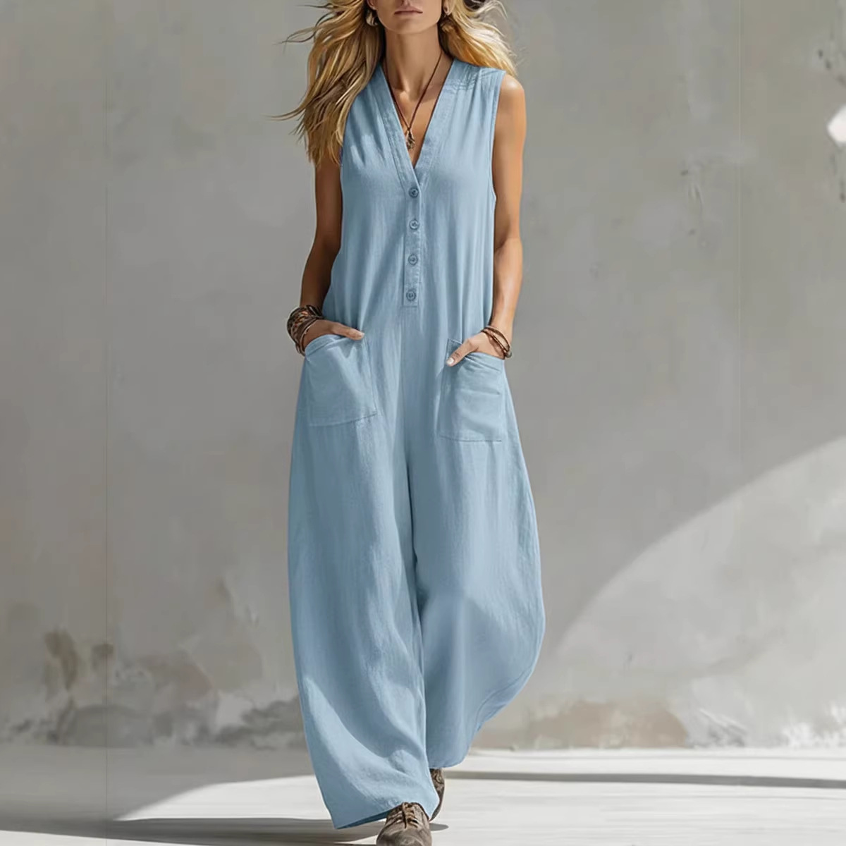 SpringSummer Womens Casual Linen-Cotton Sleeveless Jumpsuit