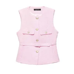 Spring New Casual Belt Vest Women's Clothing With Belt Texture Vest - Pink - View 1