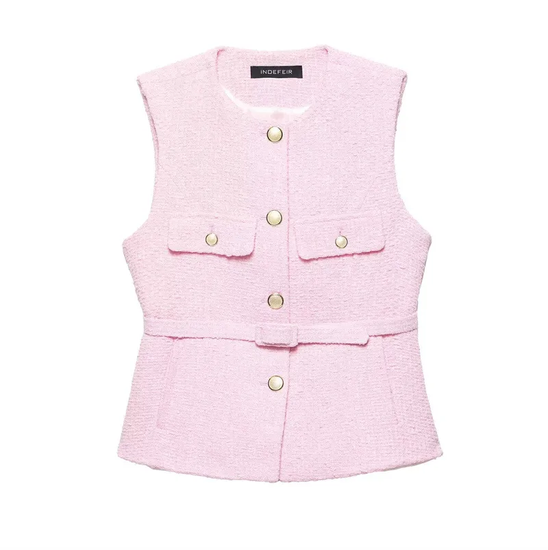 Spring New Casual Belt Vest Women's Clothing With Belt Texture Vest - Pink