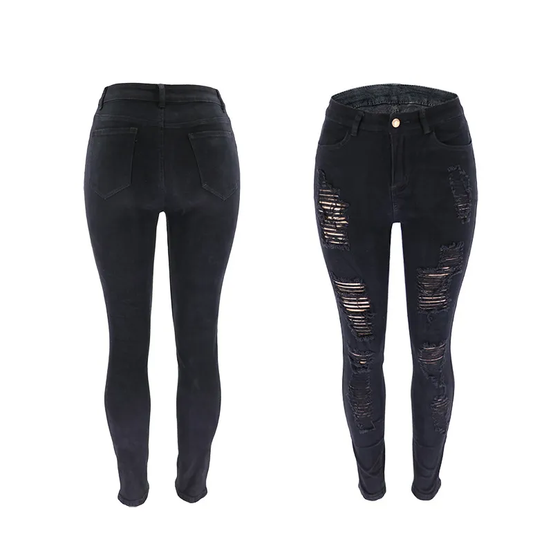 Women's Slim-fit Multi-color Knee Ripped Jeans Repair - Black