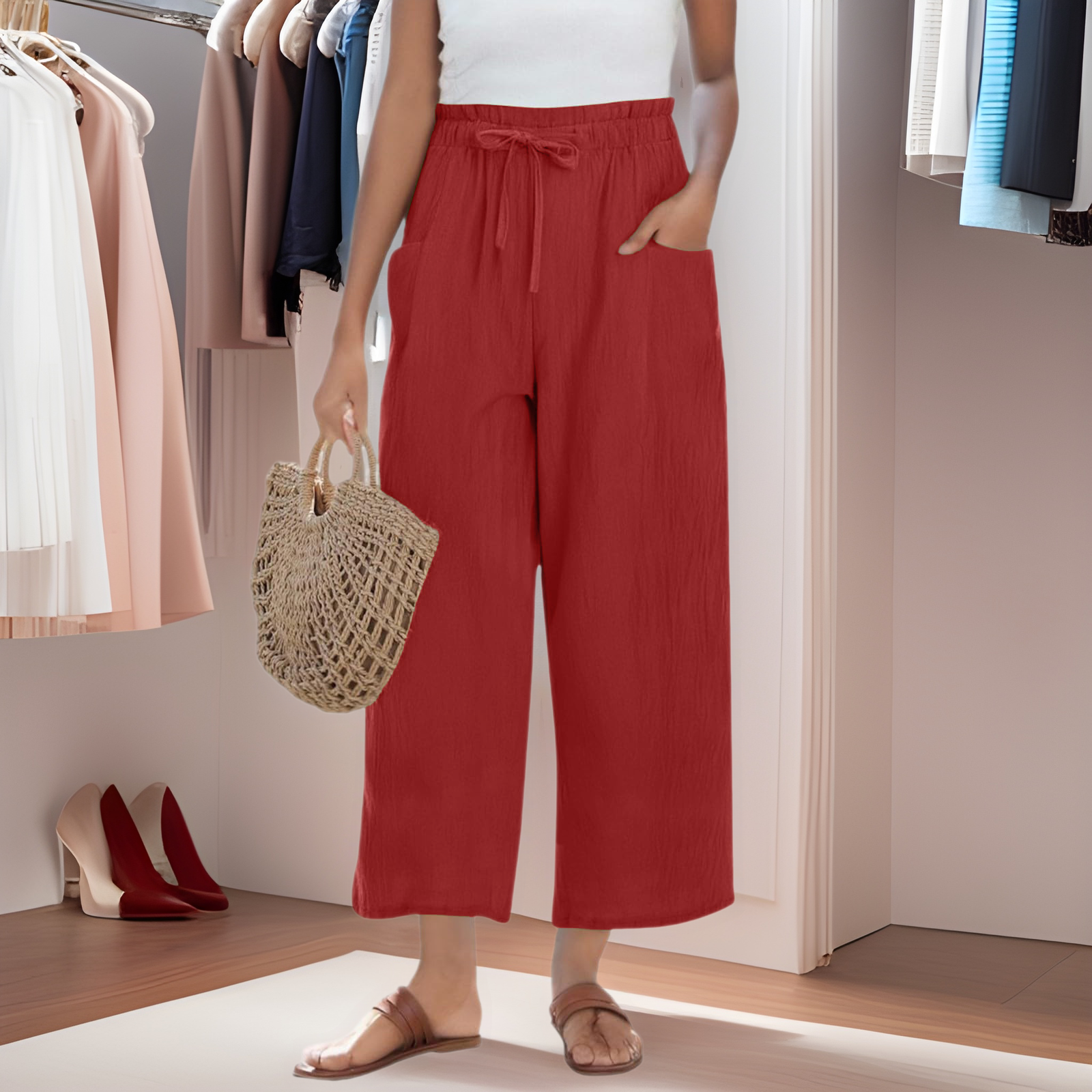 Casual Linen Wide-leg Cropped Pants With A Drawstring Elastic Waist