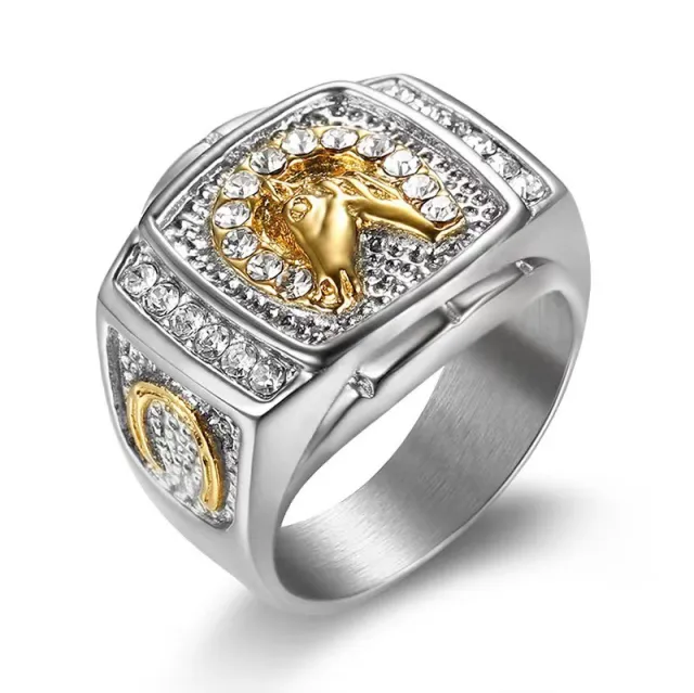 Stainless Steel Gold plated Diamond encrusted Rune Horse Head Men's Ring Steel Color - Shop at LoveMi